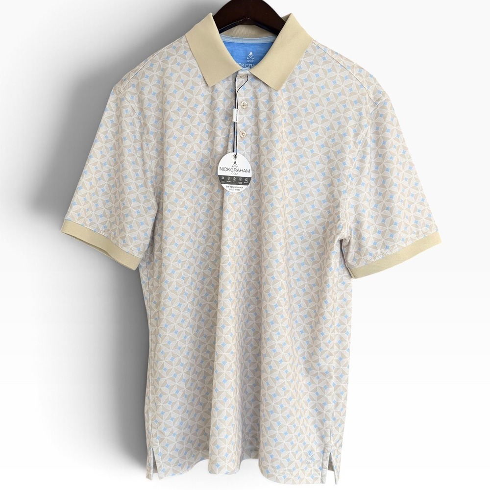 Nick Graham Men's M Everywhere Geometric Golf Polo Khaki Blue Medallion NWT